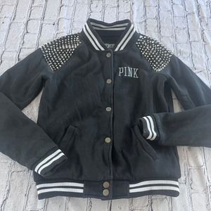 VICTORIA'S SECRET PINK STUDDED BLACK VARSITY BOMBER JACKET COAT SZ XS rare